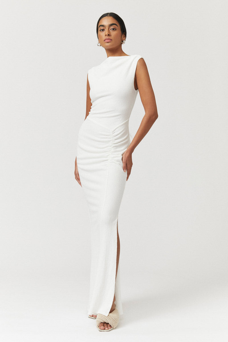 Jacqui Rouched Front Midi Dress  - White