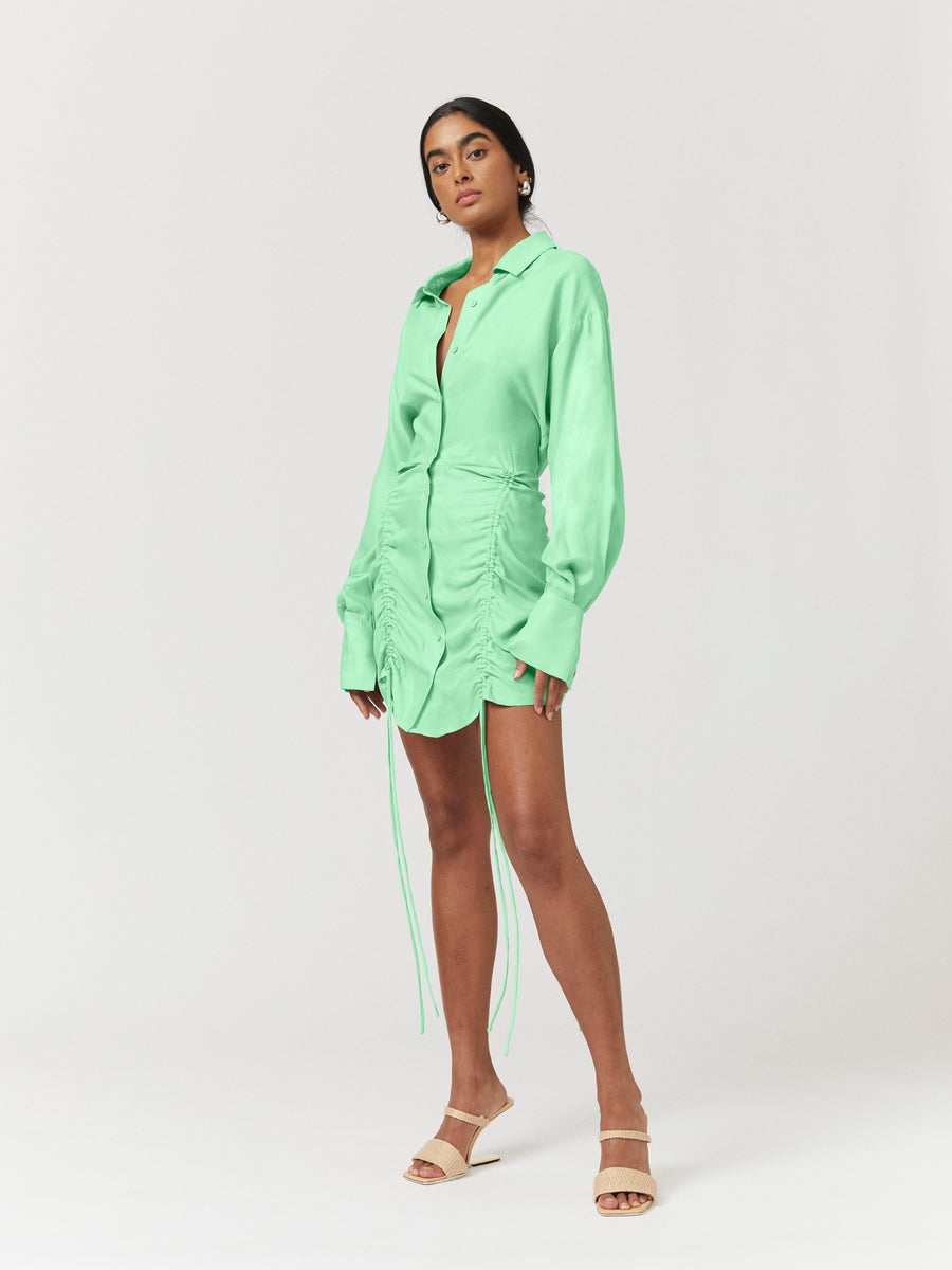Halley Rouched Mini Shirt Dress - Apple Green