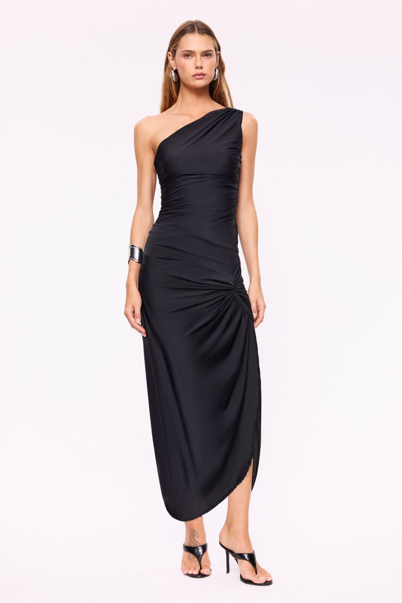 cali one shoulder midi dress Midi Dress One Shoulder Ruched Resort Wear | Black
