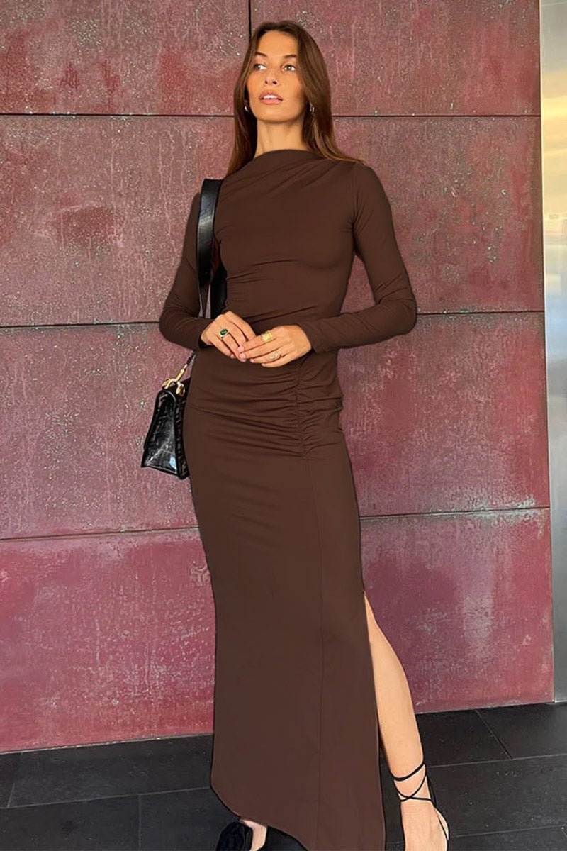 square neck long sleeve maxi dress in chocolate Maxi Dress Long Sleeve Asymmetric Occasion Dress | Chocolate