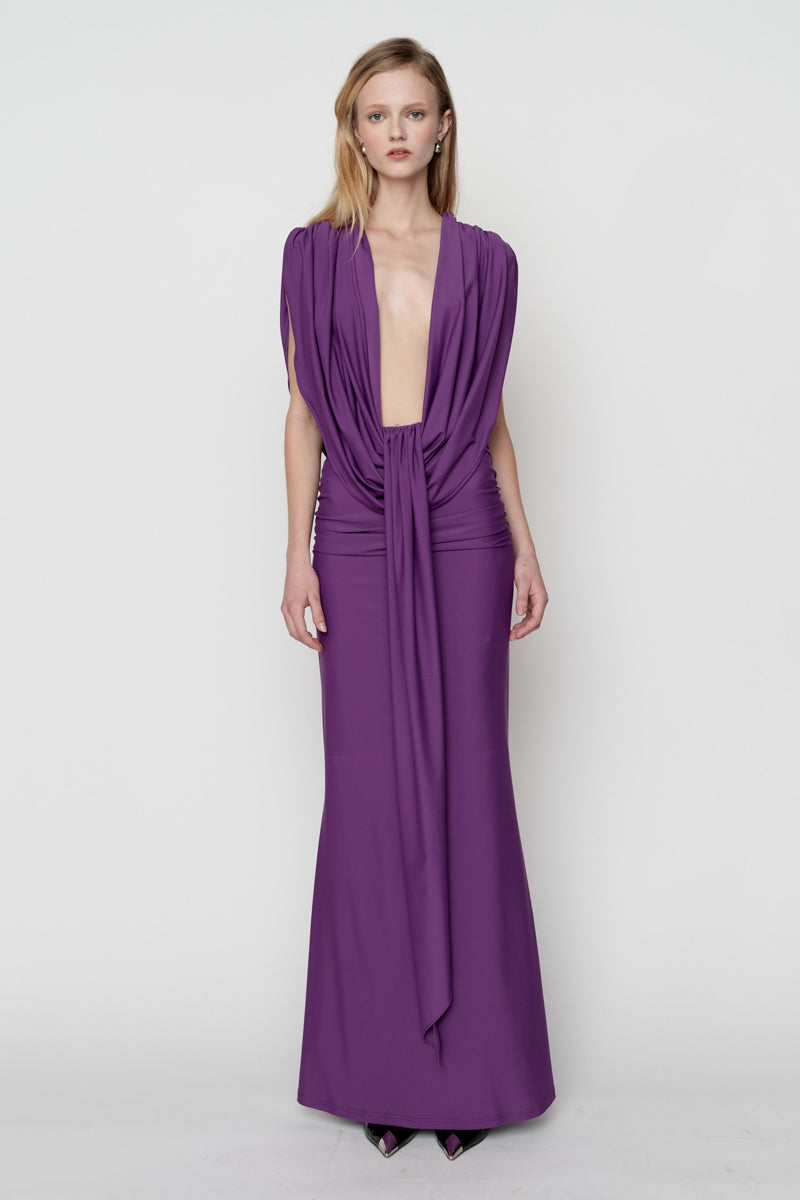 jasmine purple dress Jasmine Cowl Neck Cut-Out Sleeveless Wedding Guest Dress | Purple