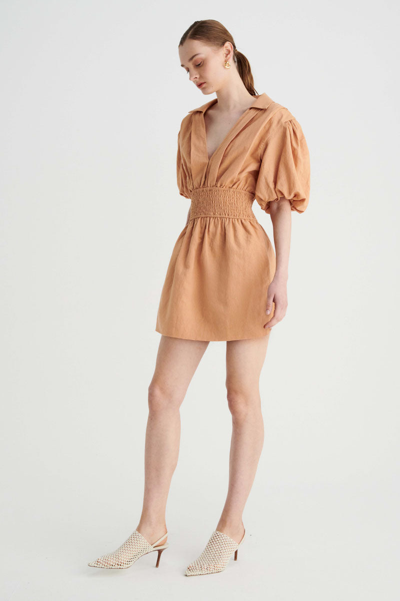 Skylar Shirred Waist Mini Dress - Tan