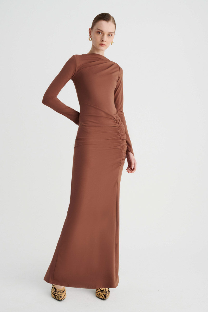Ivy Long Sleeve Rouched Dress - Chocolate