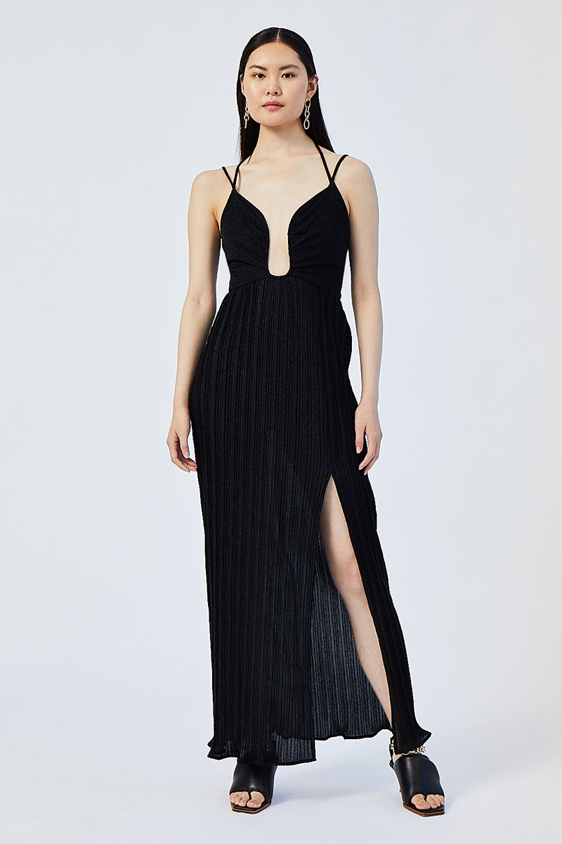 Crystal V Neck Strappy Dress - Black