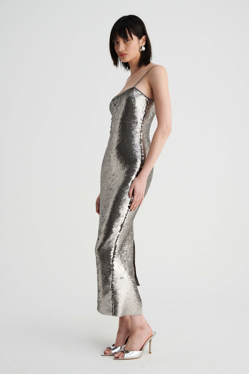 Luna Strappy Midi Column Dress - Silver