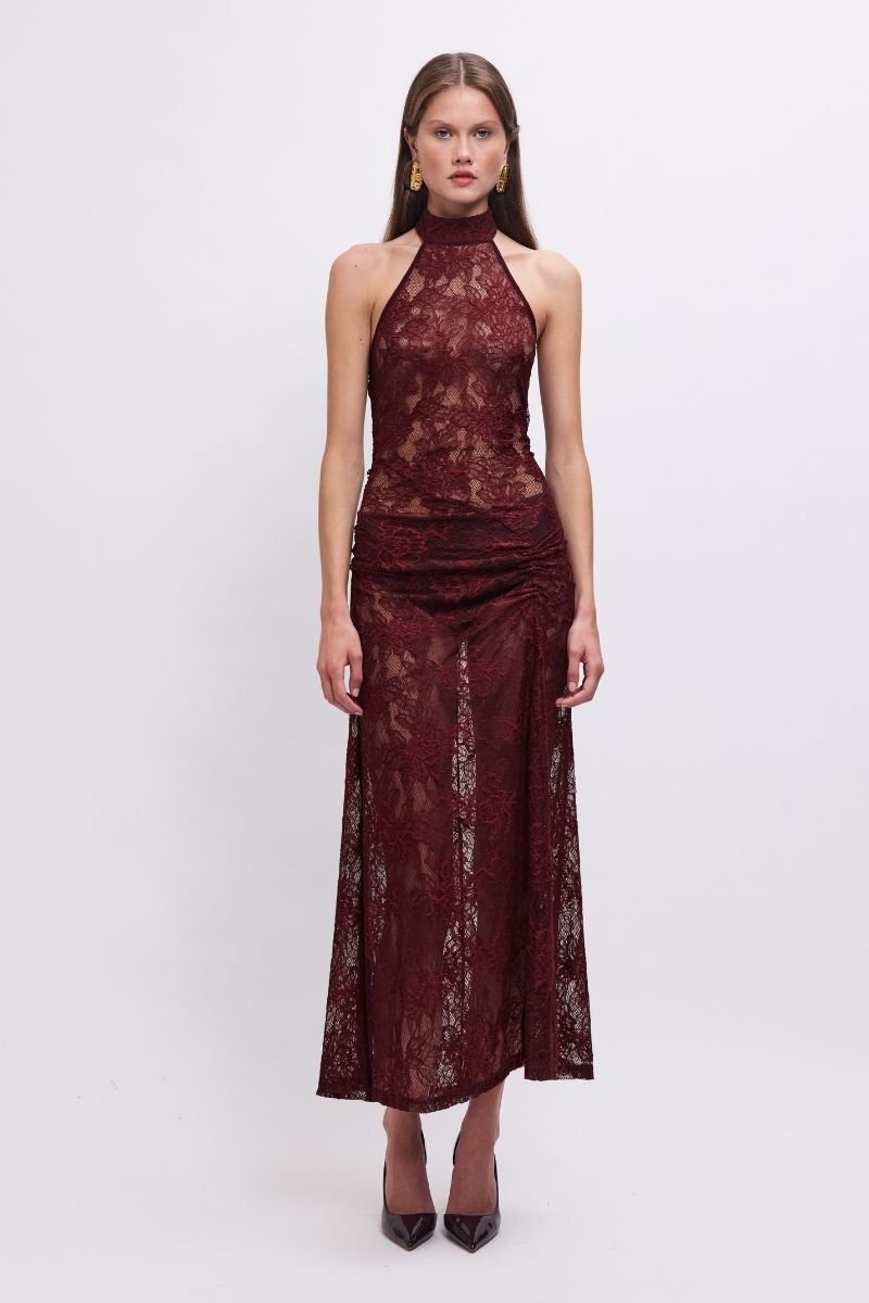 Gordana Sheer Lace Halter-Neck Maxi Dress with Built in Bralette Bordeaux Gordana Sheer Lace Halter-Neck Maxi Dress with Built in Bralette Bordeaux