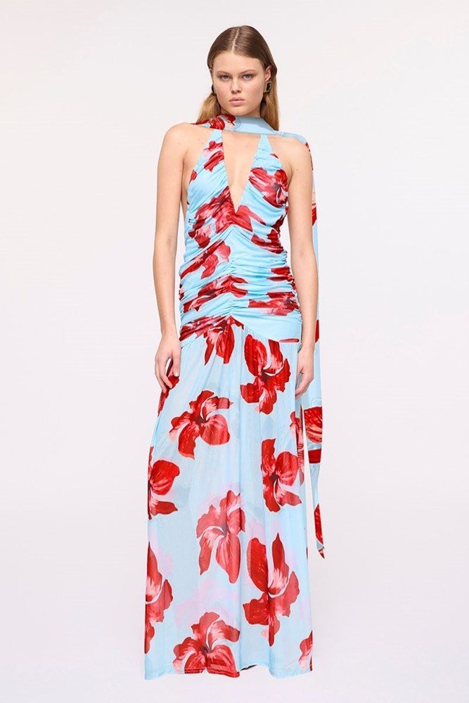 Maxi Dress Halter Plunge Mesh Wedding Guest Dress | Blue Pink | Suboo