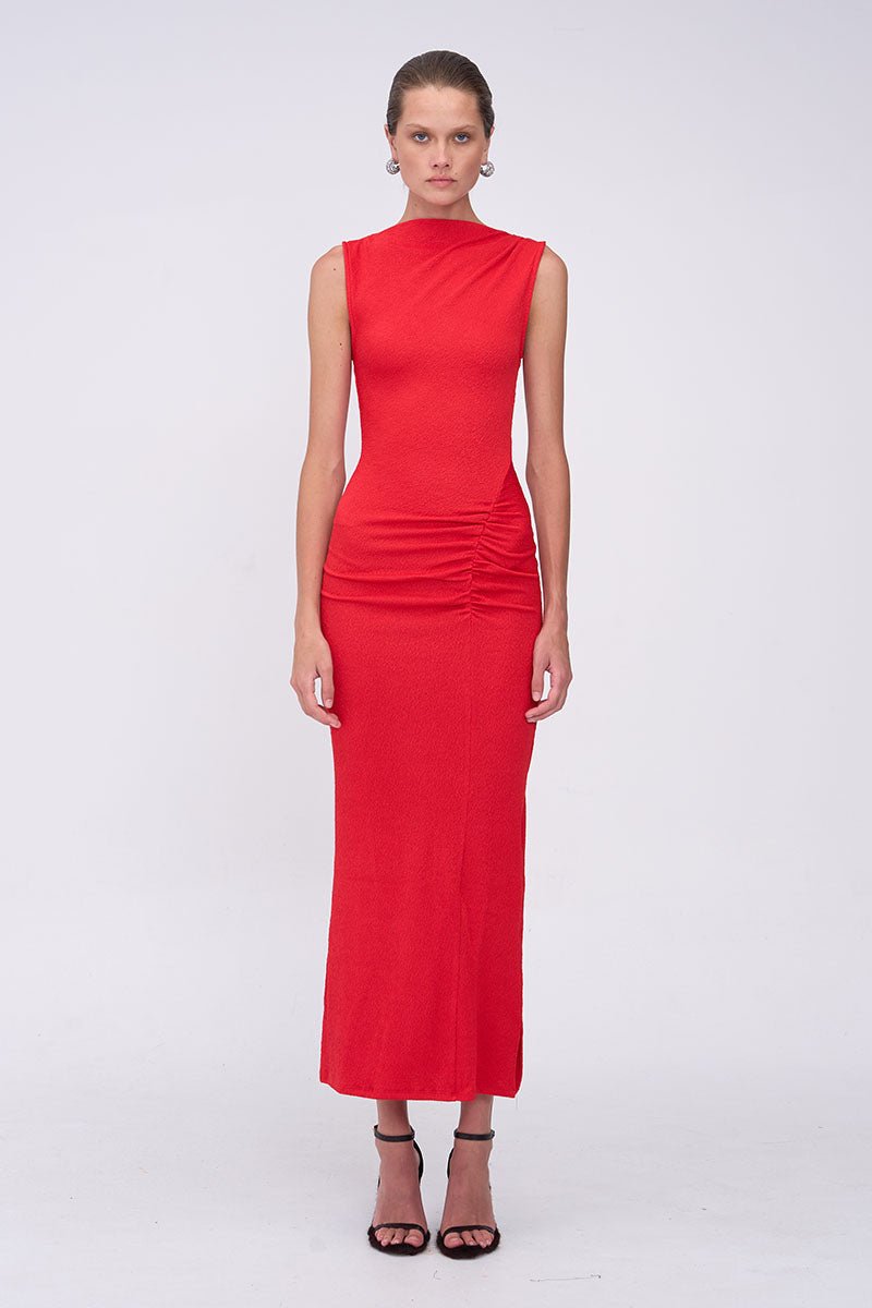 Jacqui Ruched Front Midi Dress - Red SUBOO AU Jacqui Ruched Front Midi Dress - Red SUBOO AU
