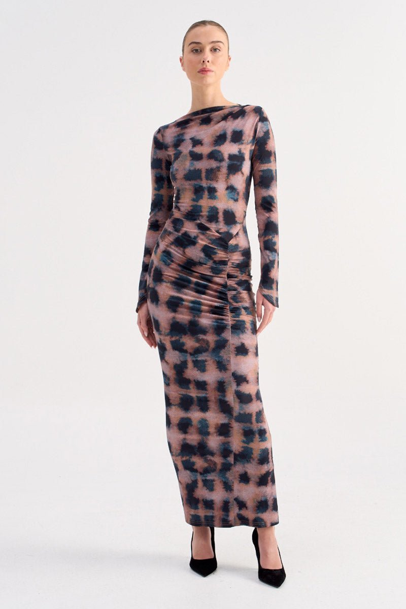 suboo shibori ruched dress Suboo Shibori Long Sleeve Rouched Dress In Print, Size XS