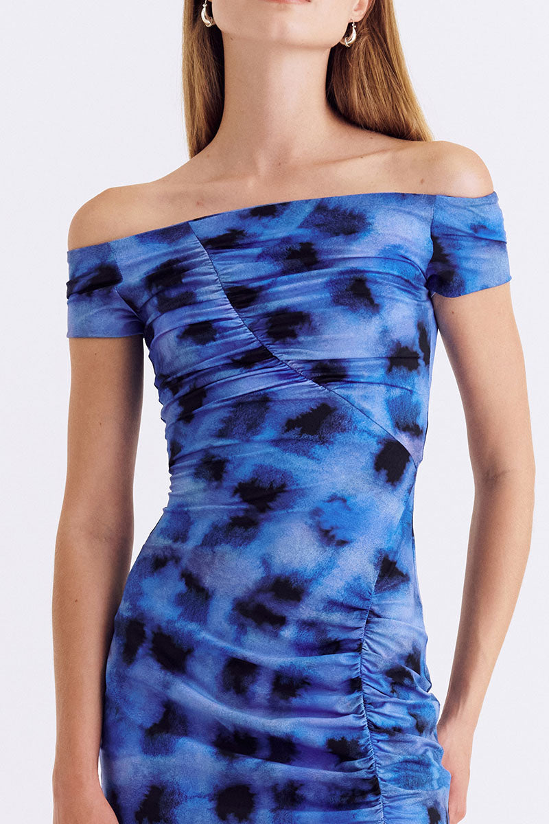 Shibori Short Sleeve Off Shoulder Dress - Print