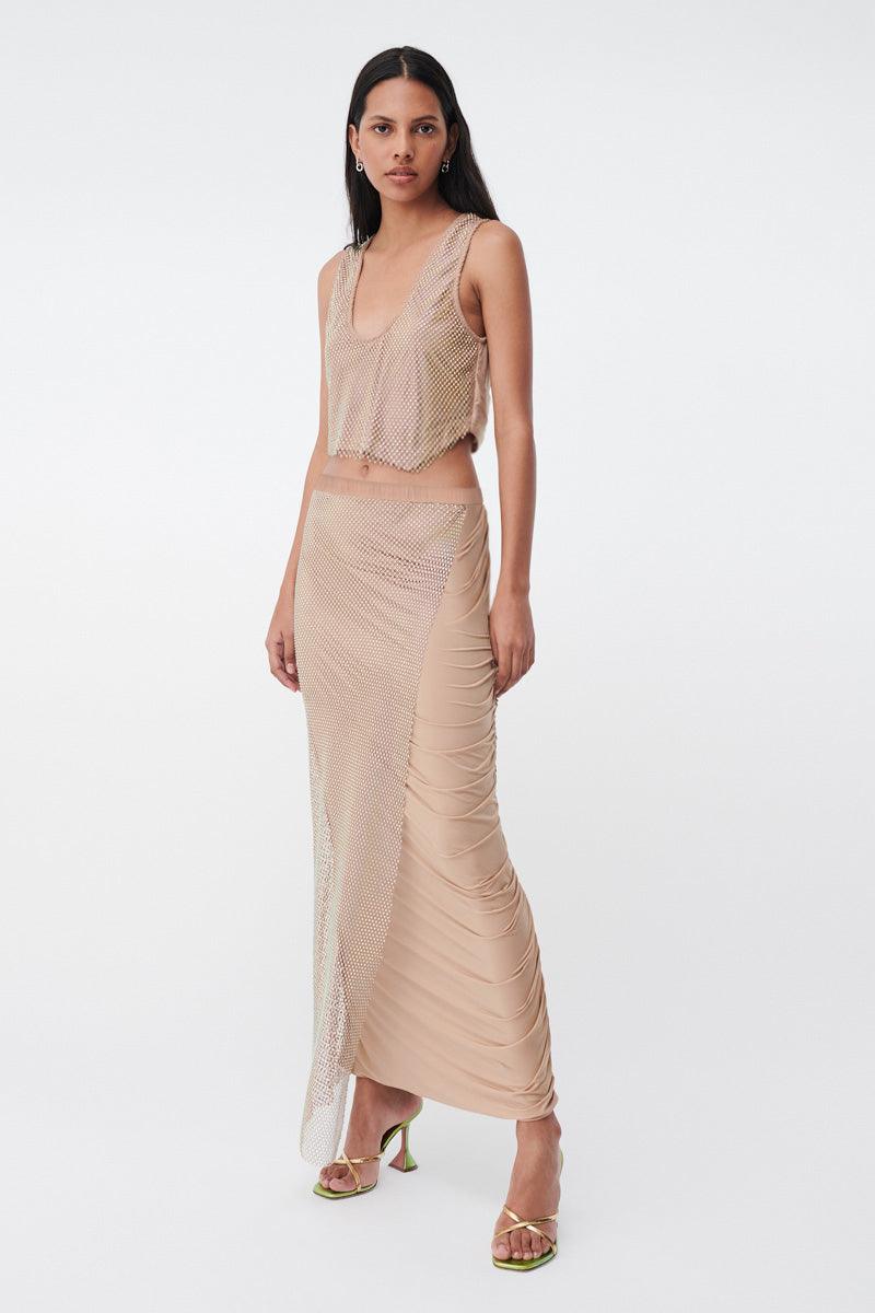 Dali Diamante Wrap Front Ruched Back Maxi Skirt - Nude - SUBOO AU