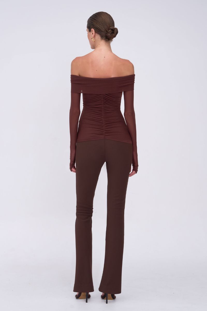 Christy Mesh Off Shoulder Long Sleeve top - Espresso