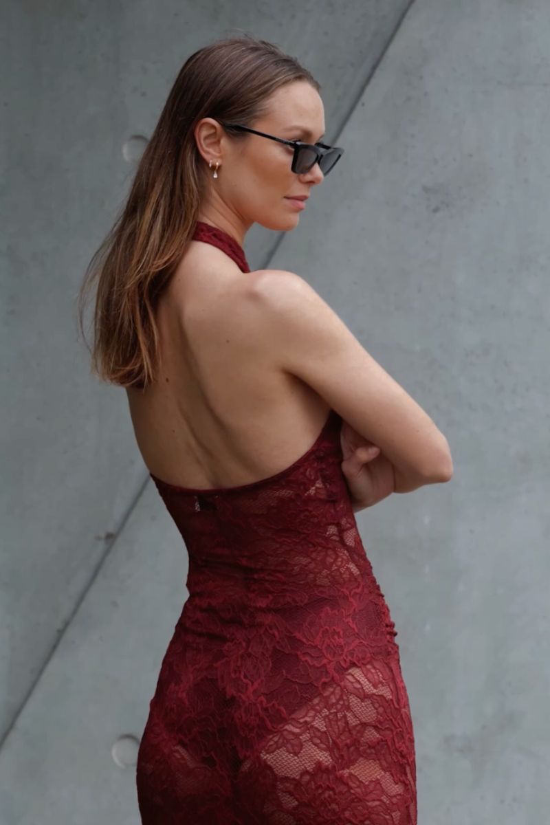 Gordana Sheer Lace Halter-Neck Maxi Dress with Built in Bralette – Bordeaux