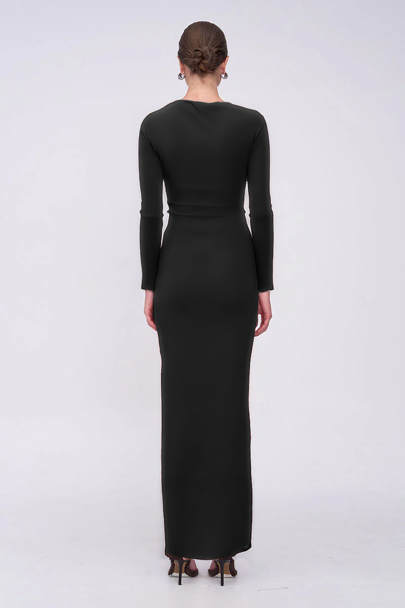 Jacqui Ruched Long Sleeve Maxi Dress - Black