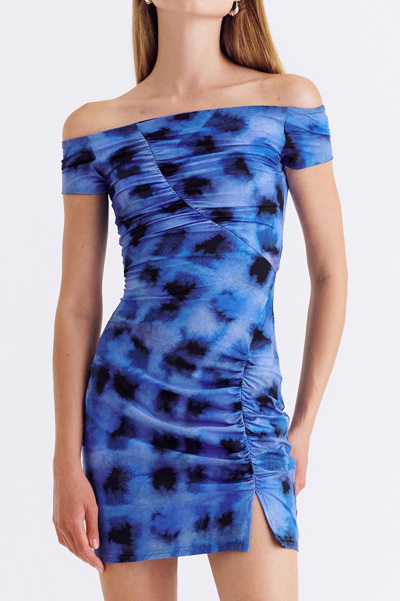 Shibori Short Sleeve Off Shoulder Dress - Blue Shibori Short Sleeve Off Shoulder Dress - Blue