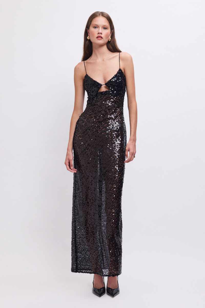 Allure Sheer Sequin Maxi Dress – Black