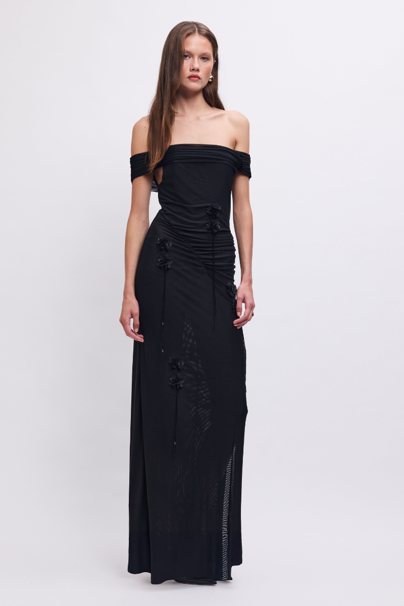 Sal Mesh 3D Flower Embellished Off-Shoulder Maxi Dress – Black
