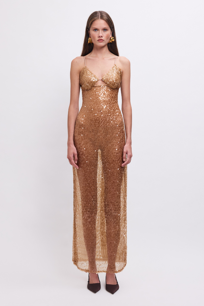 Allure Sheer Sequin Maxi Dress - Gold