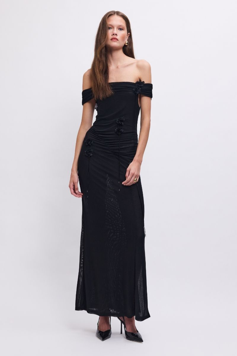 Sal Mesh 3D Flower Embellished Off-Shoulder Maxi Dress – Black