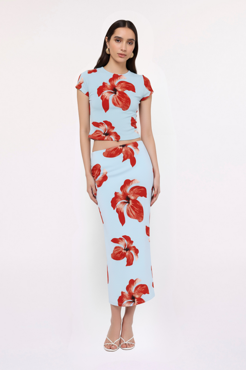 Chloe Floral Mesh Ruched Midi Skirt – Blue Pink