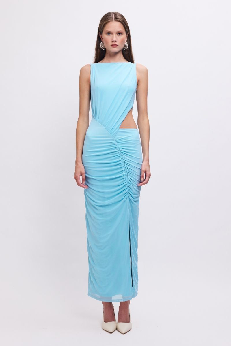 Katy Ruched Cut-Out Mesh Midi Dress – Sky Blue