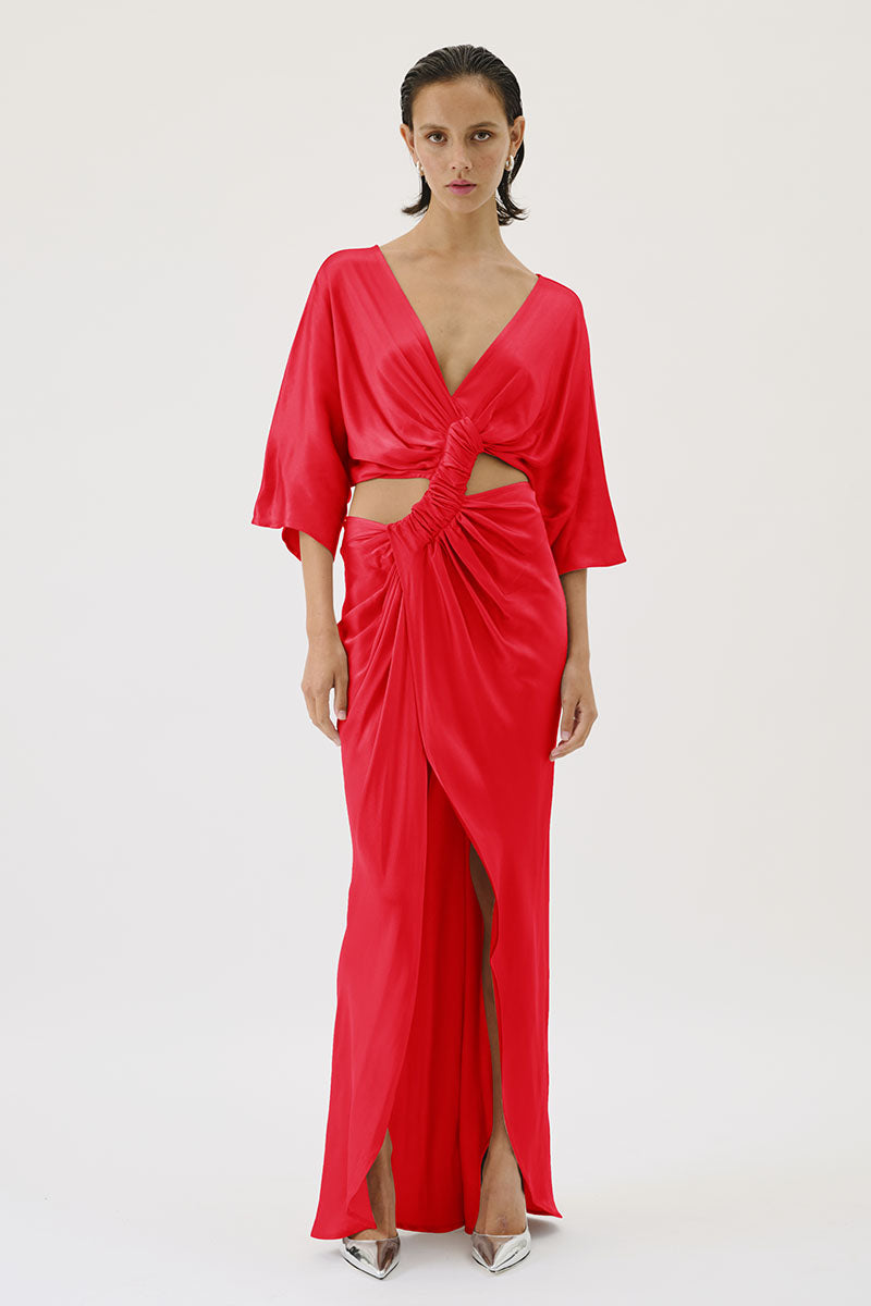 Tate Rouched Cross Over Midi Dress - Red