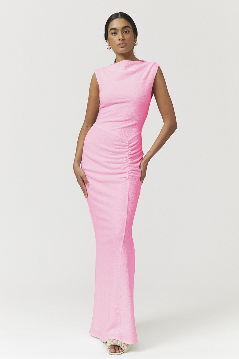 Jacqui Rouched Front Midi Dress  - Pink