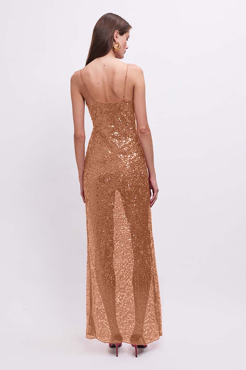 Allure Sheer Sequin Maxi Dress - Bronze