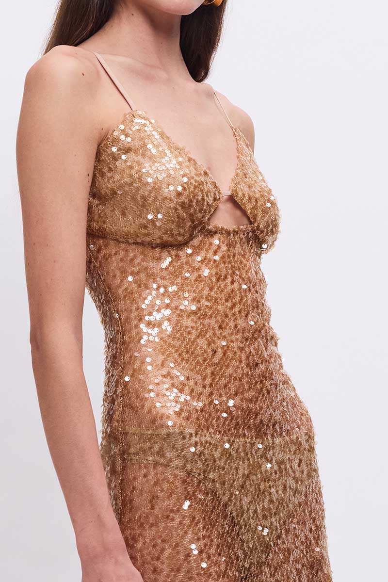 Allure Sheer Sequin Maxi Dress - Bronze