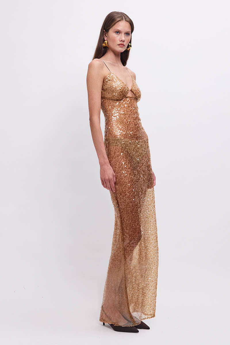 Allure Sheer Sequin Maxi Dress - Bronze