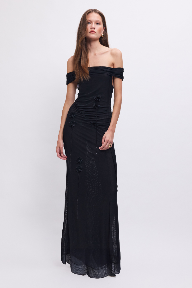 Sal Mesh 3D Flower Embellished Off-Shoulder Maxi Dress – Black