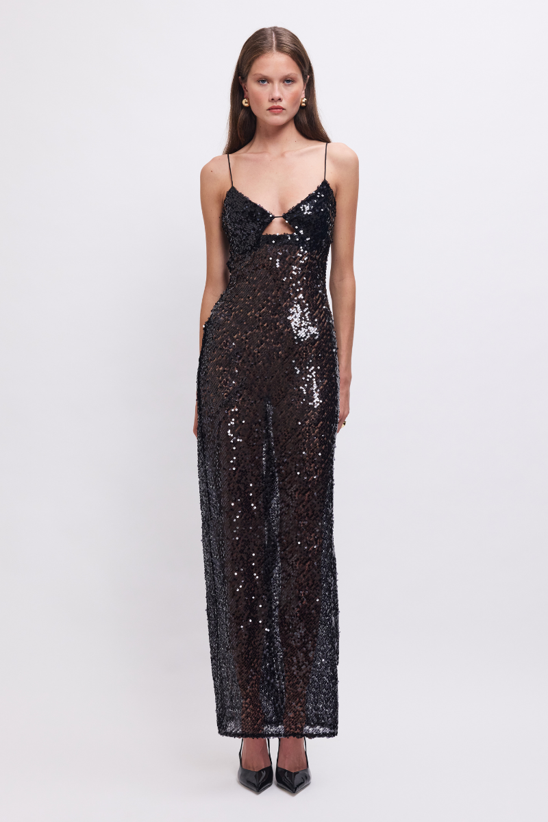 Allure Sheer Sequin Maxi Dress – Black