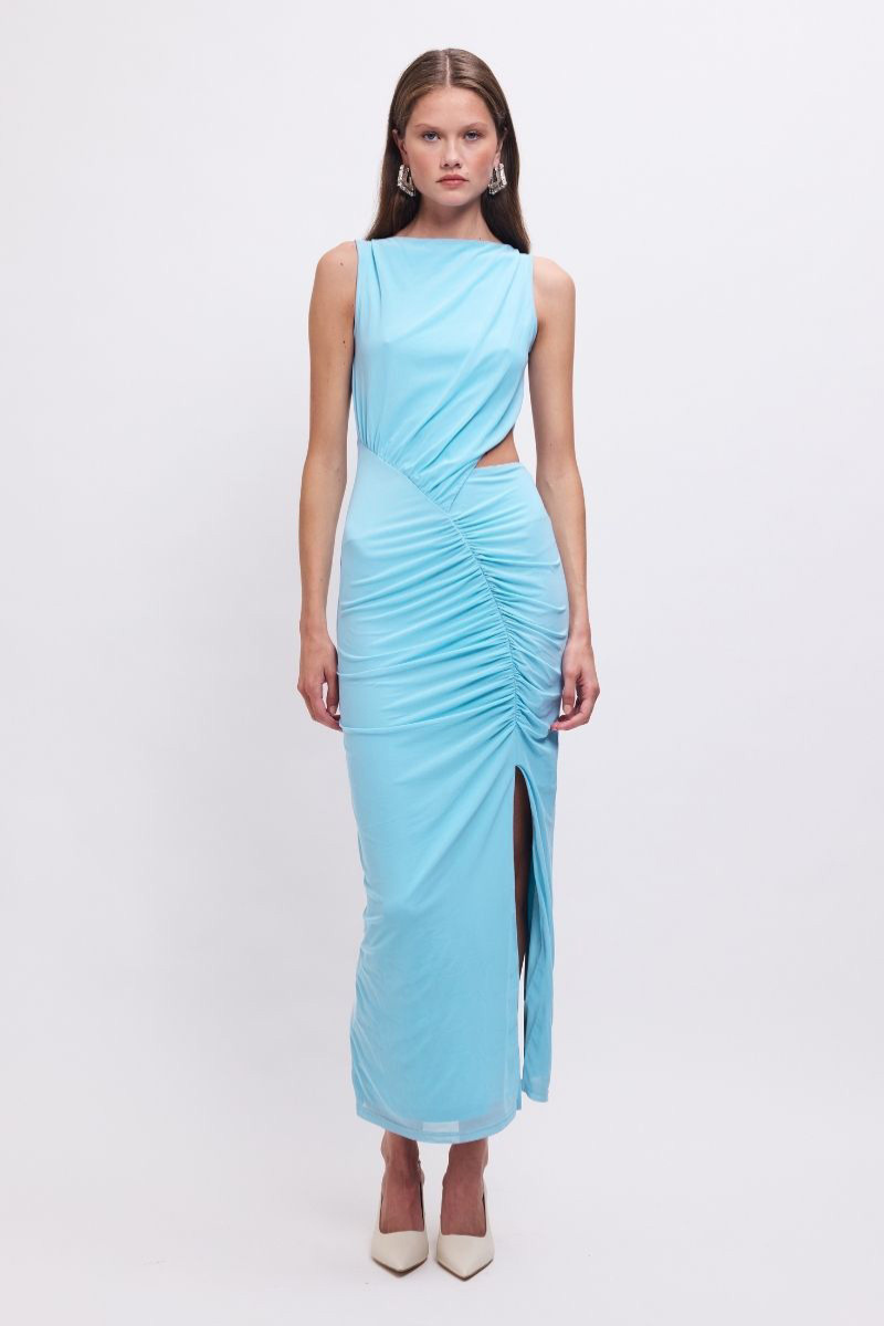 Katy Ruched Cut-Out Mesh Midi Dress – Sky Blue