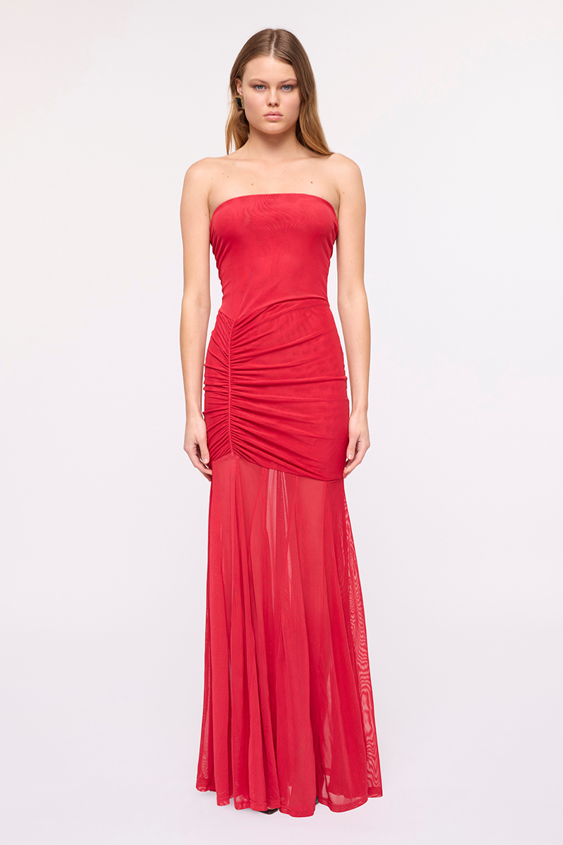 Phoenix Bustier Maxi Dress with Removable Scarf and Sash – Red