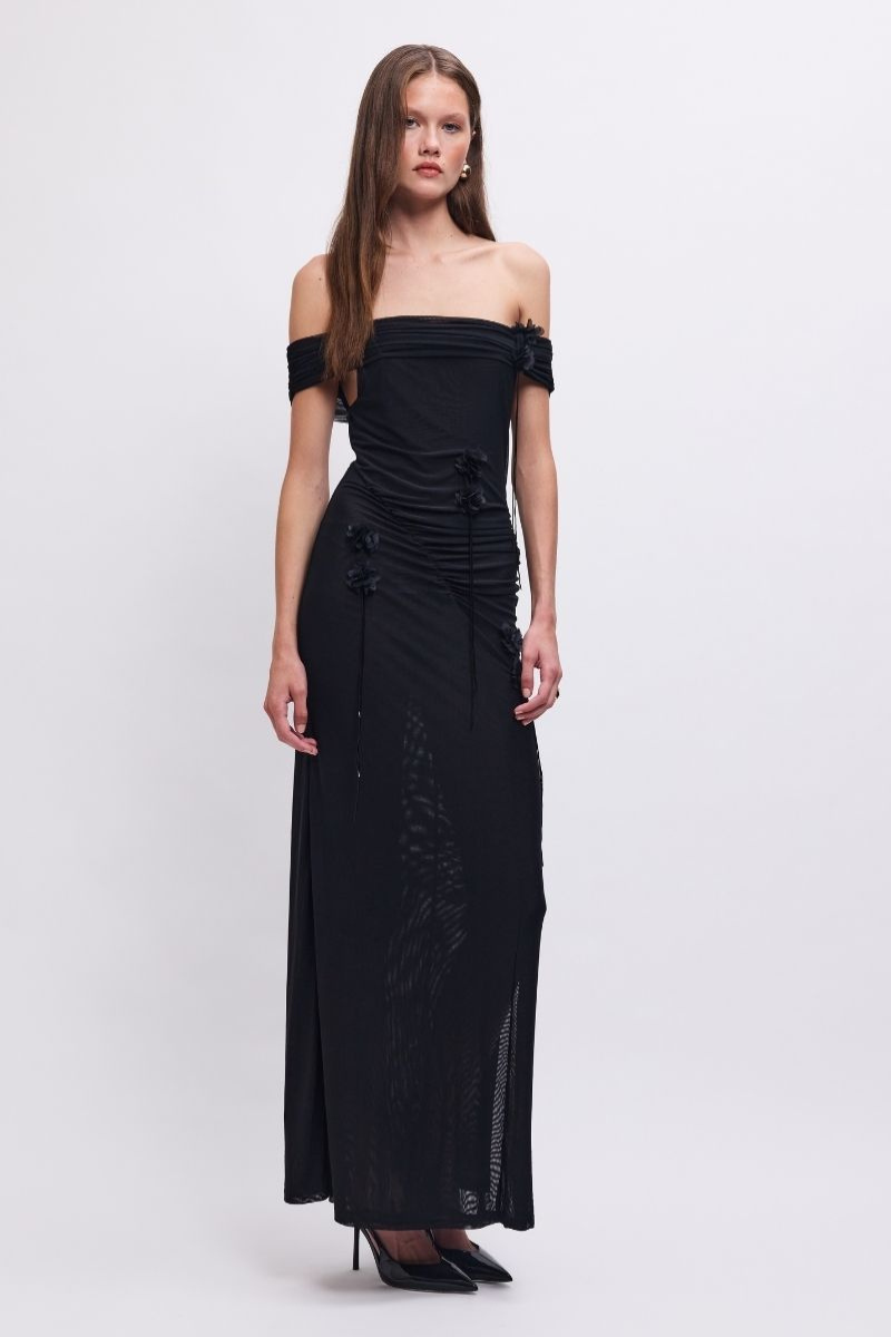 Sal Mesh 3D Flower Embellished Off-Shoulder Maxi Dress – Black