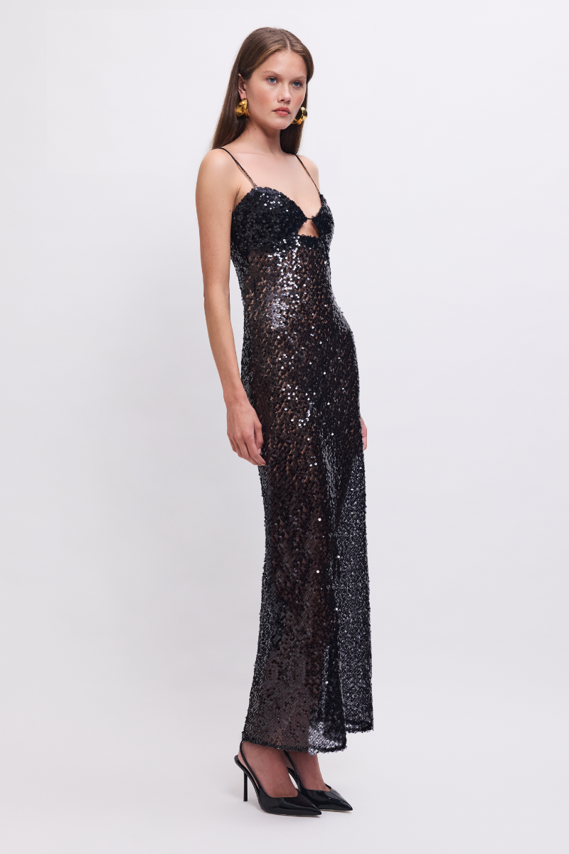 Allure Sheer Sequin Maxi Dress – Black