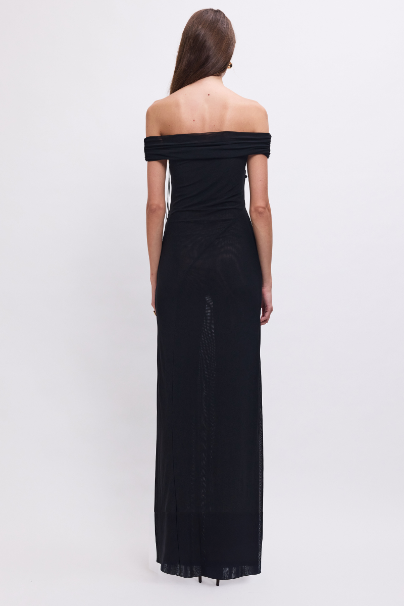Sal Mesh 3D Flower Embellished Off-Shoulder Maxi Dress – Black