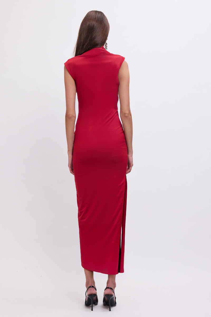 Phoebe Asymmetrical Cowl-Neck Maxi Dress – Red