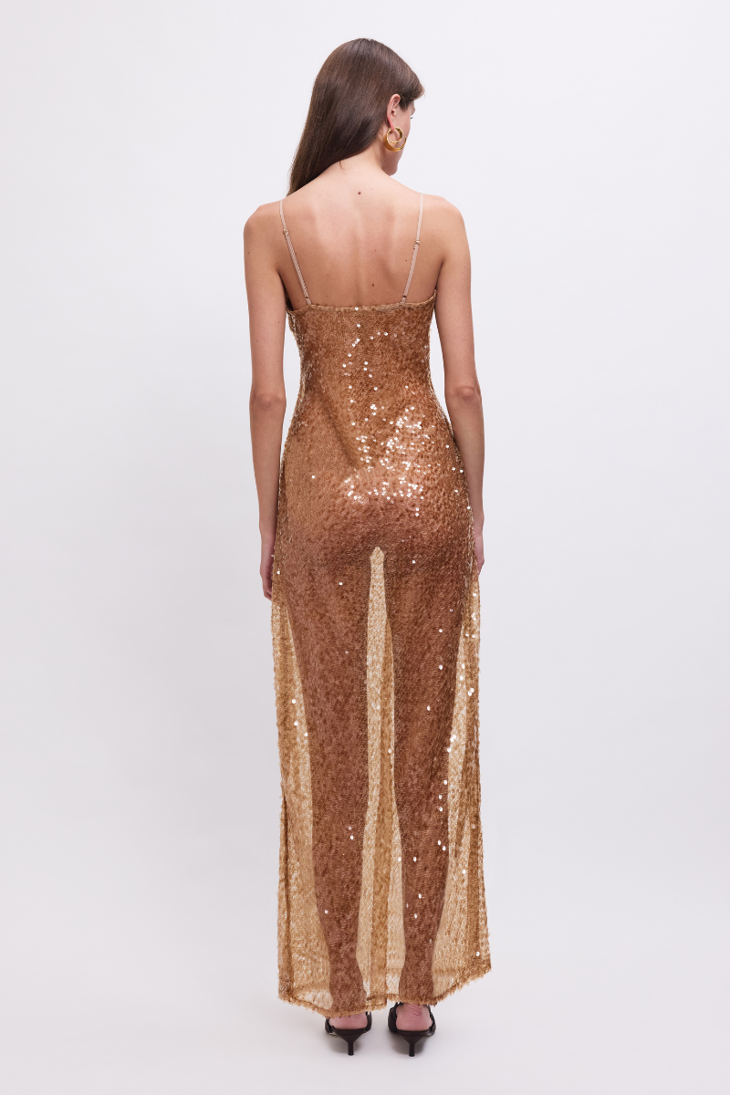Allure Sheer Sequin Maxi Dress - Gold