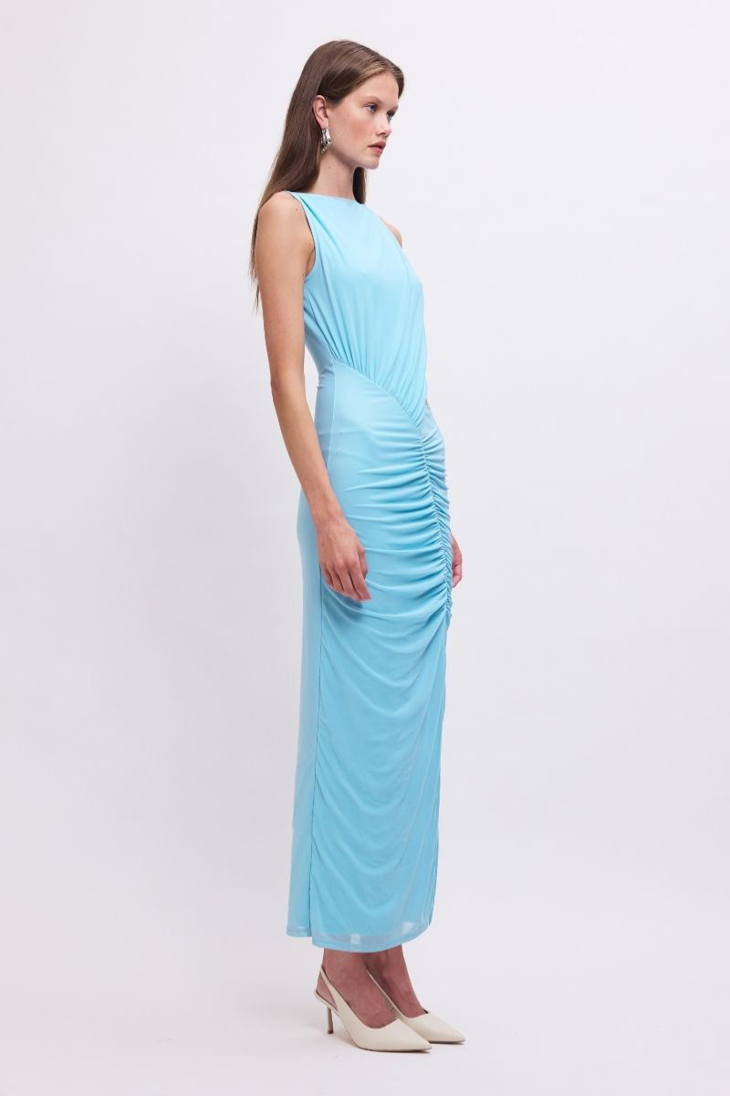 Katy Ruched Cut-Out Mesh Midi Dress – Sky Blue