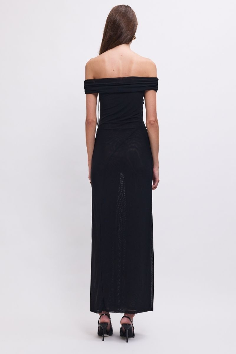 Sal Mesh 3D Flower Embellished Off-Shoulder Maxi Dress – Black