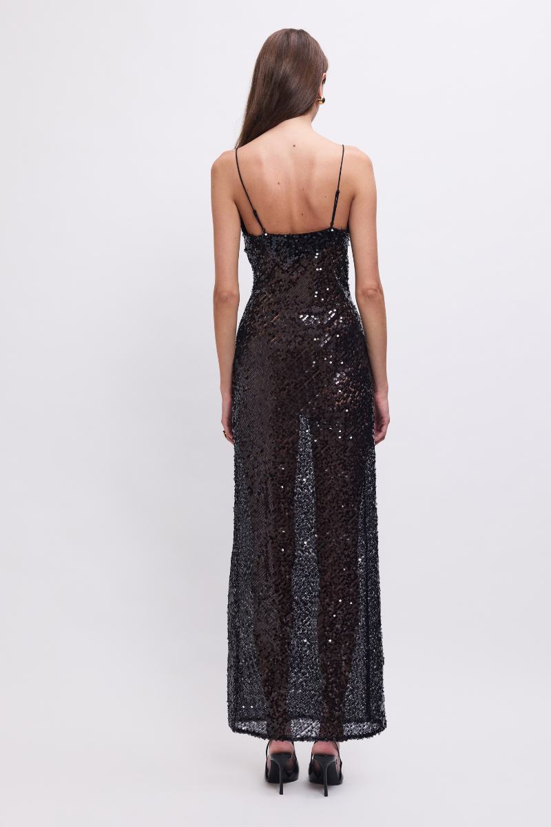 Allure Sheer Sequin Maxi Dress – Black