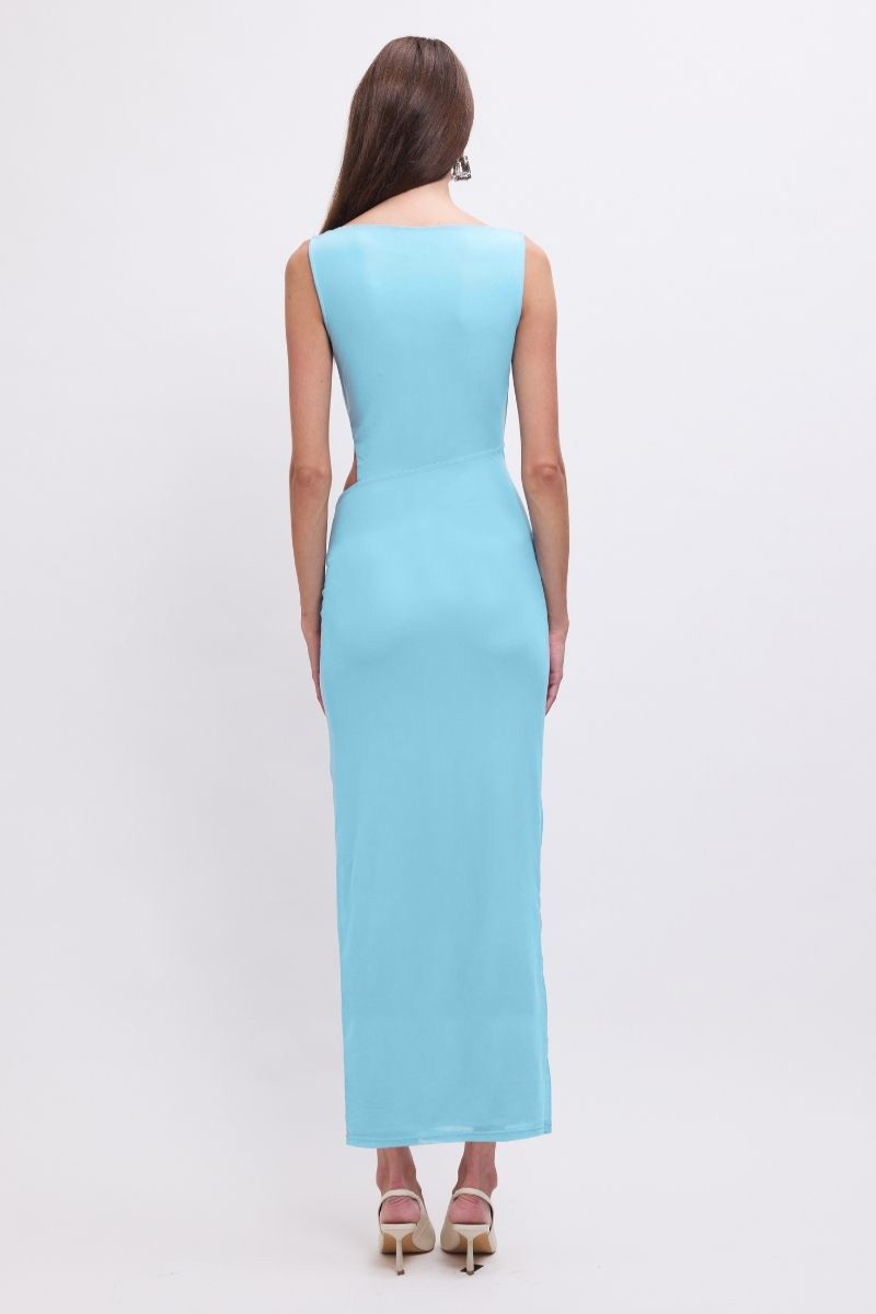 Katy Ruched Cut-Out Mesh Midi Dress – Sky Blue