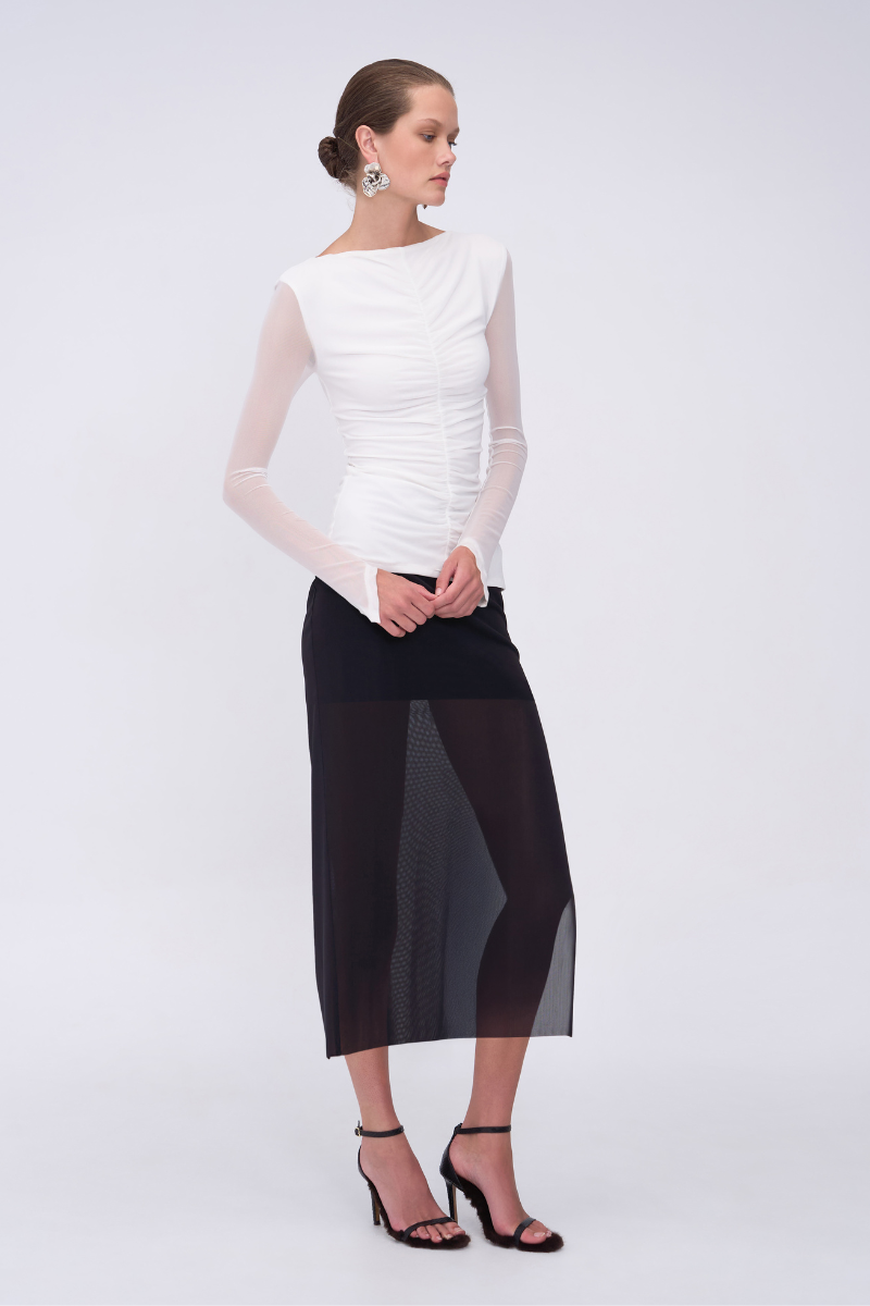 Christy Mesh Ruched Front Long sleeve Top