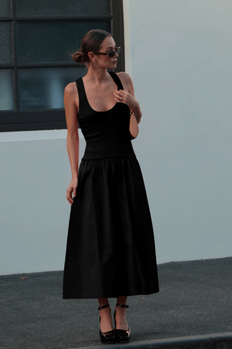 Naples Drop Waist Midi Dress in Black | Suboo SUBOO AU Naples Drop Waist Midi Dress in Black | Suboo SUBOO AU