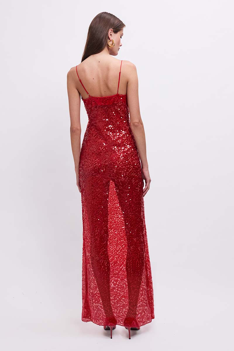 Allure Sheer Sequin Maxi Dress – Red