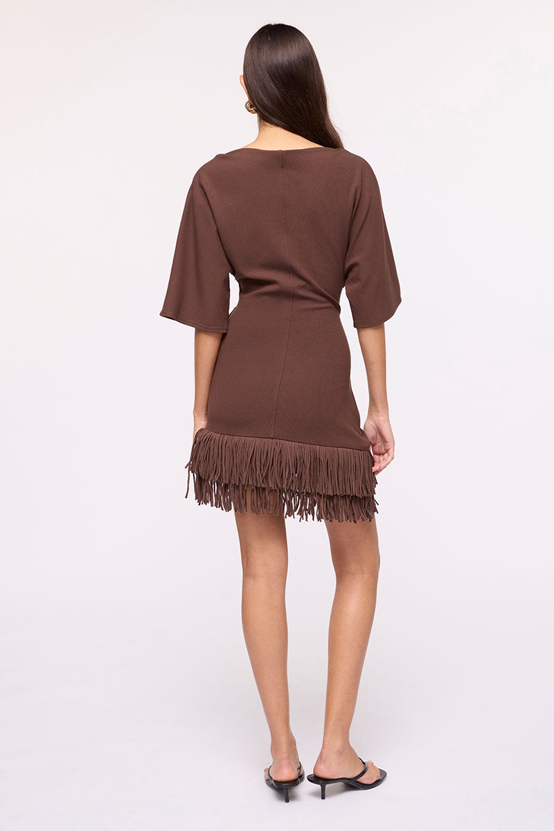 Carmen Cape Sleeve Fringe Hem Mini Dress -Chocolate