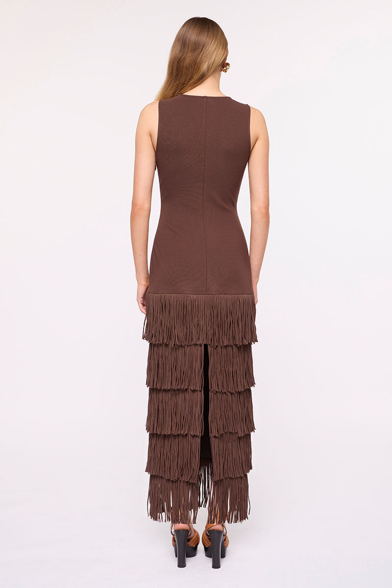 Carmen Sleeveless Fringed Hem Maxi Dress-Chocolate