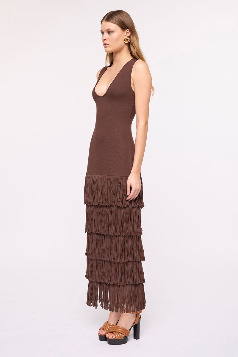 Carmen Sleeveless Fringed Hem Maxi Dress-Chocolate
