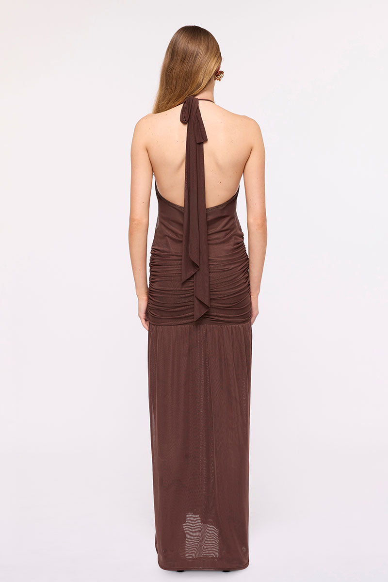 Chloe Floral Halter Mesh Plunge Maxi Dress – Chocolate